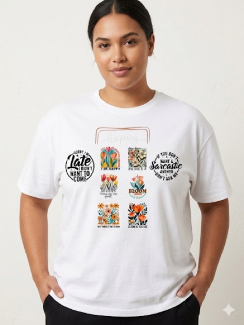 Hanes Custom Ter White Short Sleeve Graphic Tee with Colorful Floral Panels